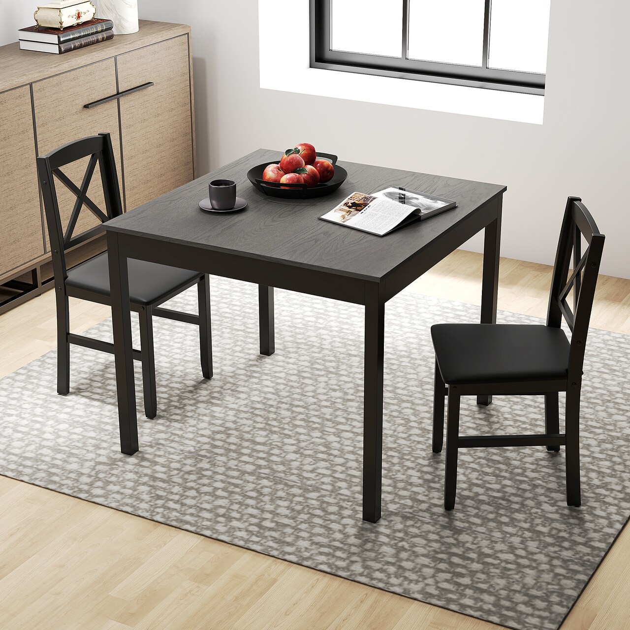 3-Piece Dining Table Set with Wooden Square Table and Ergonomic Backrest Chairs